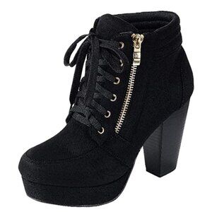 💜🤑FOREVER Women's Round Toe Lace Up Side Zip Platform Stacked Chunky Heel Boot
